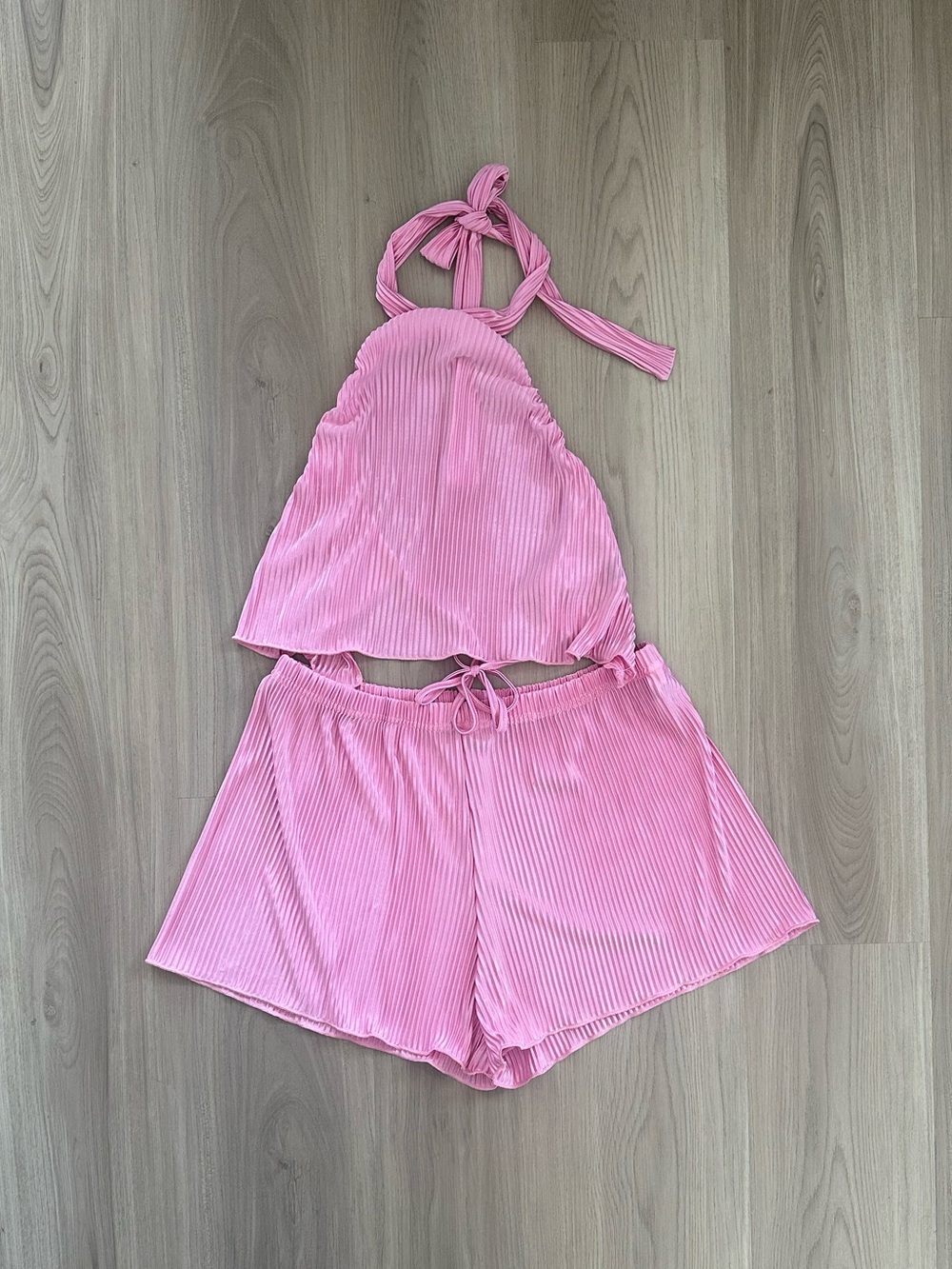 SHEIN Pink Plisse Halter Top & Shorts Set